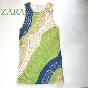 ZARA Crochet Dress/Sleeveless/Blue, Light Green, Light Brown, Cream/Small
